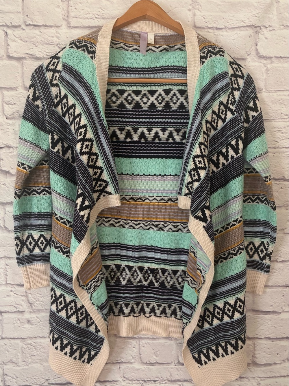 Alya Patterned Open-Front Knit Cardigan Sweater in Mint and Cream Medium